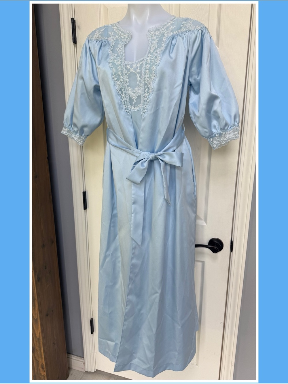 Vtg Christian Dior Lingerie Set Nightgown Robe 70s 80s Blue Romantic Cottagecore